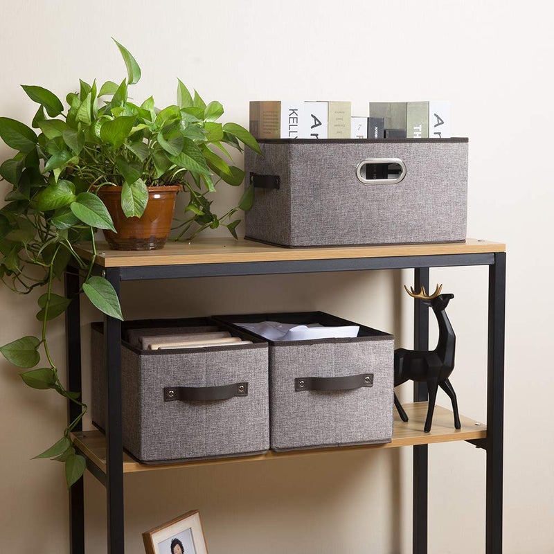 PRANDOM Large Foldable Storage Bins for Shelves [3-pack] Decorative Linen Fabric Storage Baskets Cubes with Leather/Metal Handles for Closet Nursery Office Grey and Black Trim (14.9x9.8x8.3 Inch) - Image 3